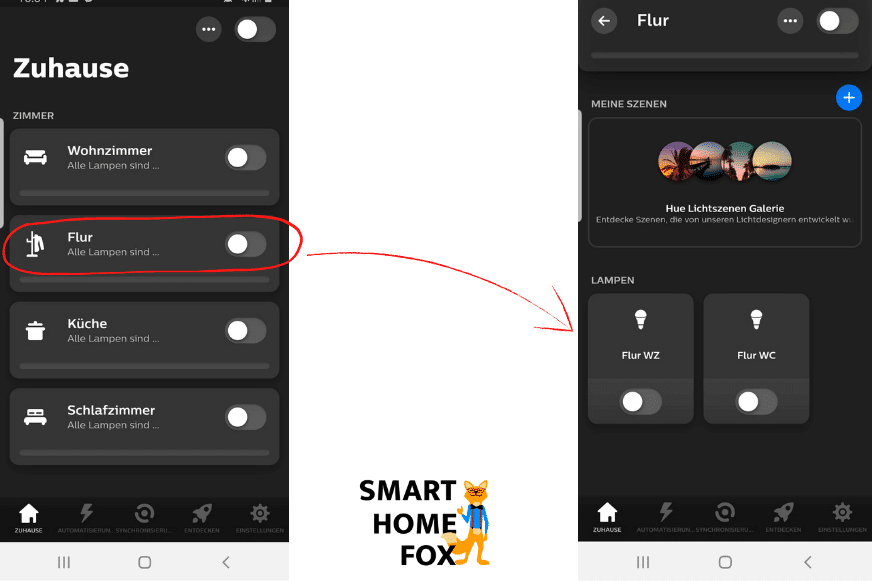Man sieht die Möglichkeit zur Erstellung von Zonen in der geöffneten Hue App.